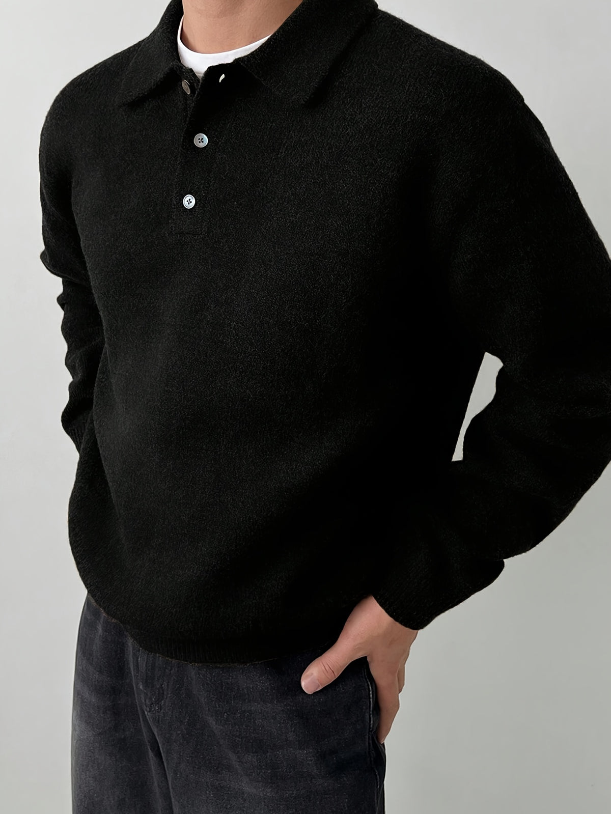 Men's POLO Collar Sweater for Autumn/Winter, Lazy-Style High-End Winter Pullover, Inner Layer Base Top, Lapel Knit Outerwear, Thick Jacket - Black