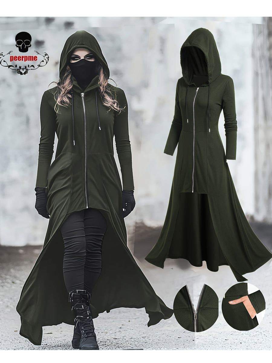 Gothic Ultra-Long Tailcoat Cardigan with Zipper And Hood, Pockets Included, Long Length Hooded Openable Zipper Jacket, Mysterious Ghost Coat, Enigmatic Hooded Ultra-Long Coat - Olive Green