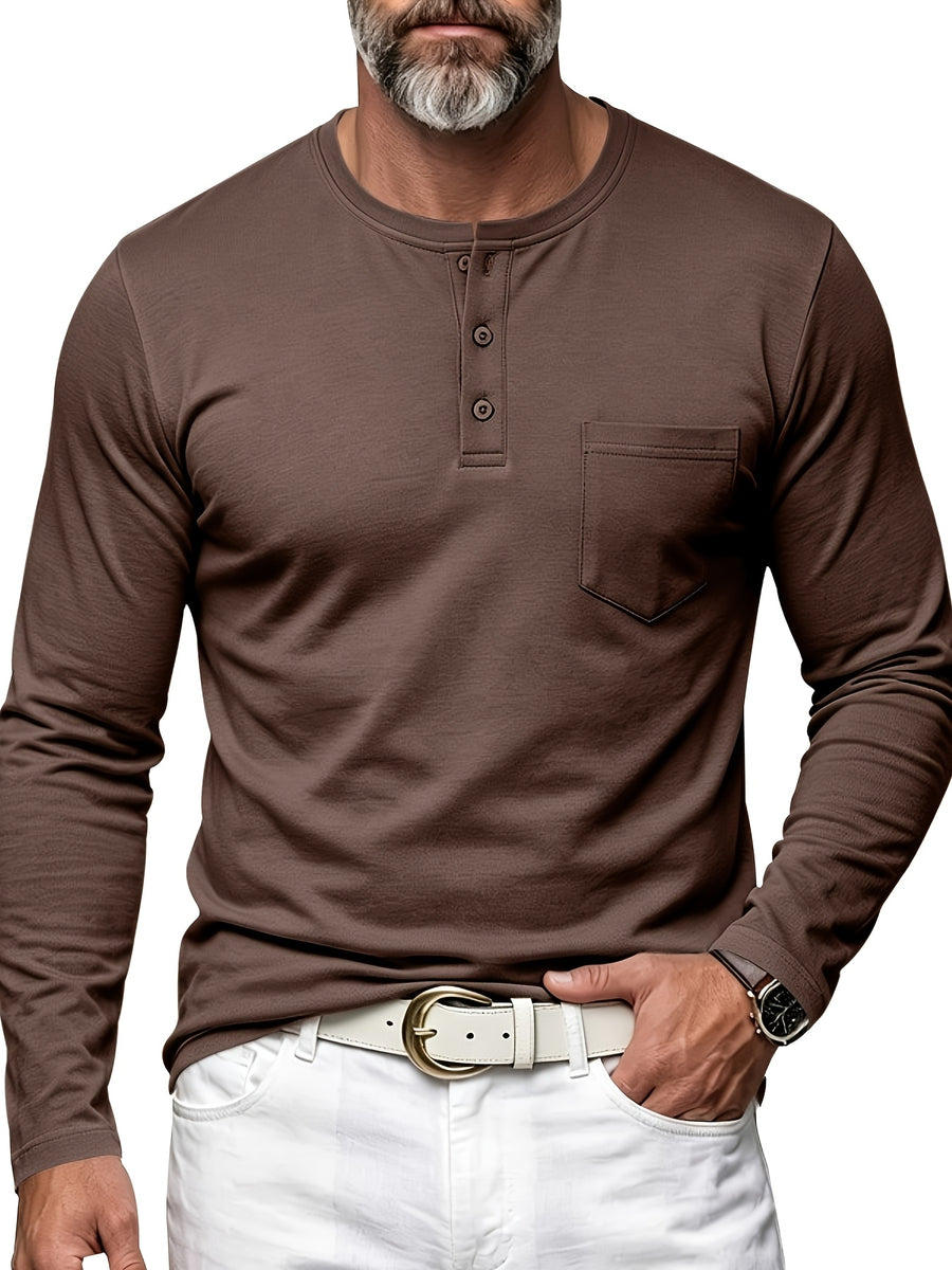 Men's Henley Neck Long Sleeve T-Shirt, Spring/Autumn Three-Button Casual Base Layer, Slim Fit Versatile Top with Left Chest Pocket - Coffee Color