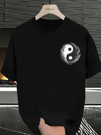 Men's Yin Yang Symbol T-Shirt - Yin-Yang Print Asymmetric Streetwear Summer Tee with Black & Grey Chinese Cultural Design, Loose Fit Casual Shirt for Casual Attire - Black