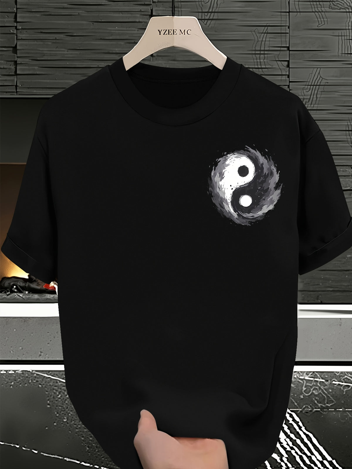 Men's Yin Yang Symbol T-Shirt - Yin-Yang Print Asymmetric Streetwear Summer Tee with Black & Grey Chinese Cultural Design, Loose Fit Casual Shirt for Casual Attire - Black