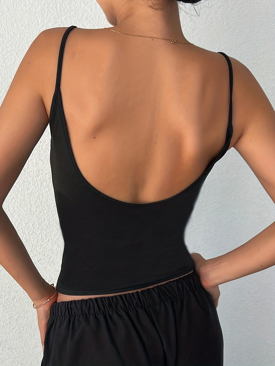 Elegant and Fashionable Classic Solid Color Sleeveless Spaghetti Strap Tank Top, Versatile Design with Sexy Backless Cut, Soft Fabric for Inner or Outer Wear. Ideal for Layering and Suitable for Various Occasions - Black