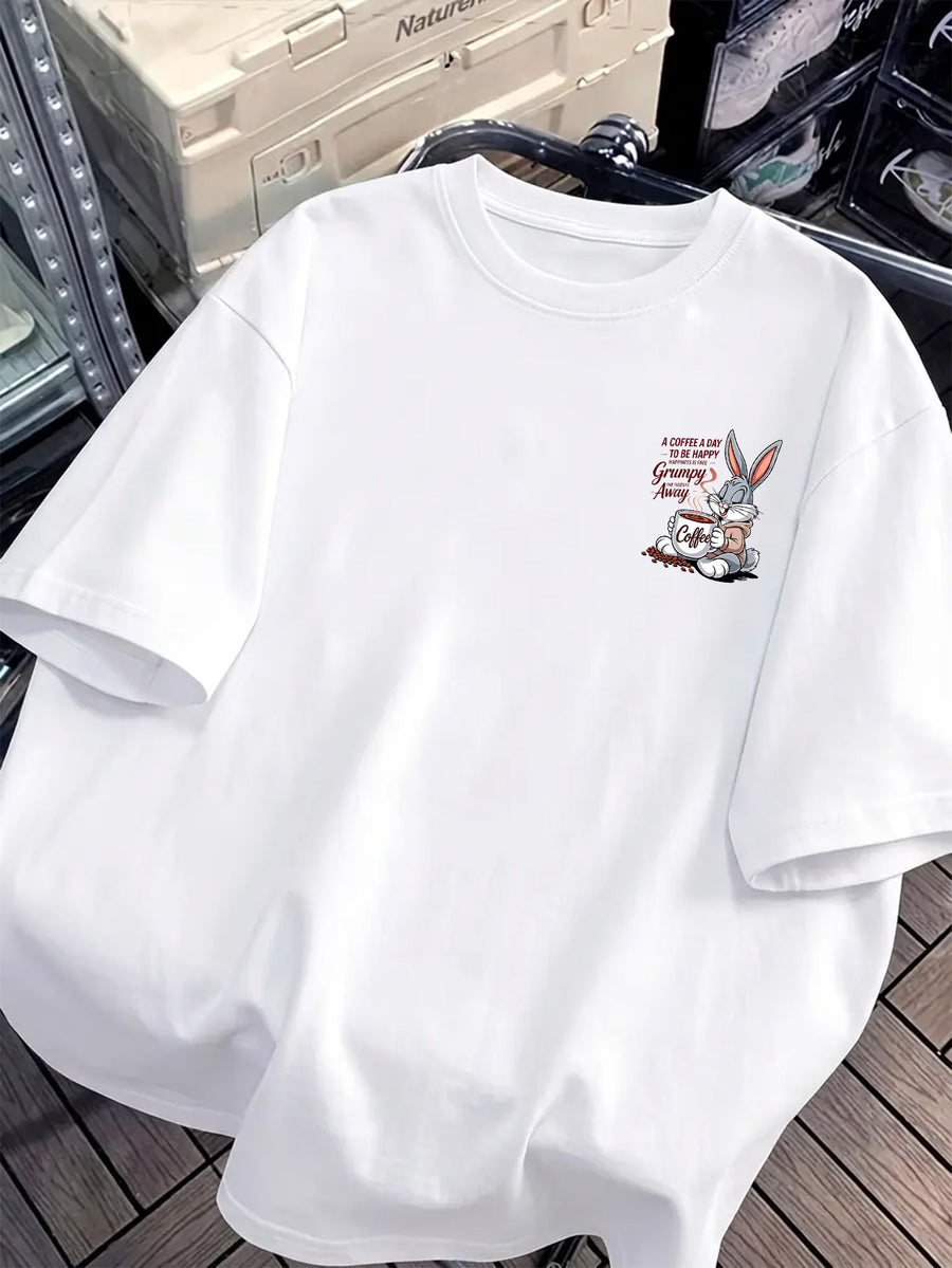 Coffee Healing Rabbit Front And Back Print Men'S T-Shirt, Unisex Fashion Top, Breathable And Sweat-Absorbing, Nontacky Back, Body Shaping, Casual Versatile, Suitable for Commuting, Fitness, Outdoor Activities, Street Style, Beach Vacation - White