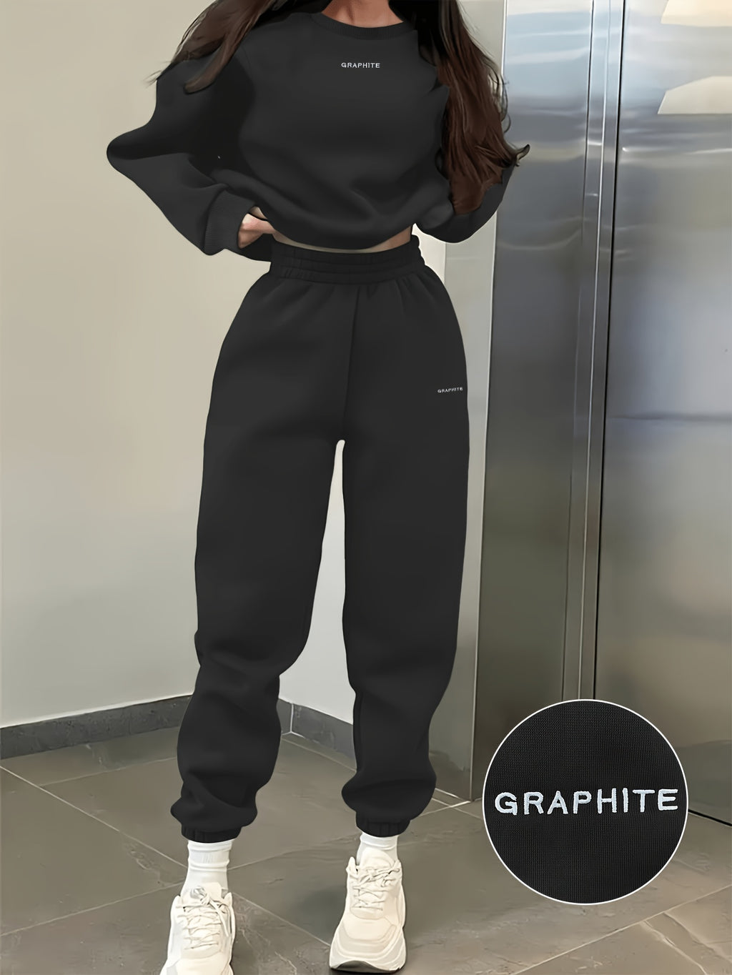 Spring And Autumn Women'S Fashion Casual Athletic Loose Sweatshirt Pants Set Embroidery Letter Design Indoor Outdoor Wear Clothing Sweatshirt Women - Black