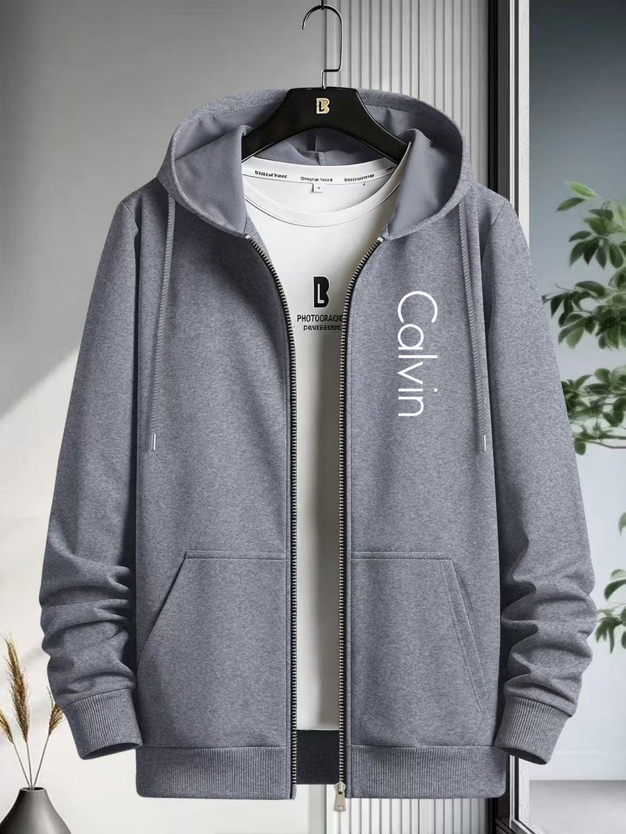 Men's Zip-Up Hooded Sweatshirt Cardigan Jacket with Simple Vertical Calvin English Print, Casual, Fashionable, Versatile, for Daily Commuting, Long-Sleeve Top - Light Grey