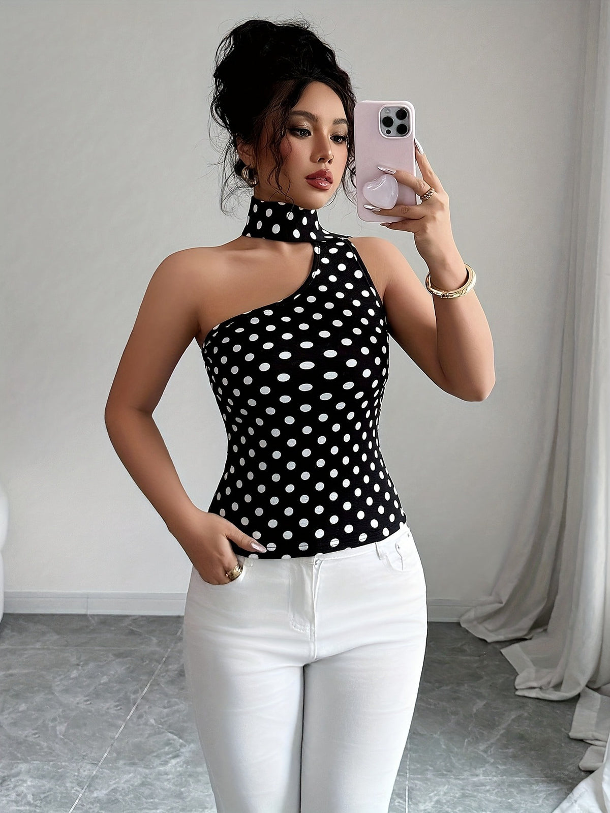 ZJ1031014 Women's Polka Dot Top with Printed Cut-Out Design, Elegant and Slim Fit - Black And White Dots