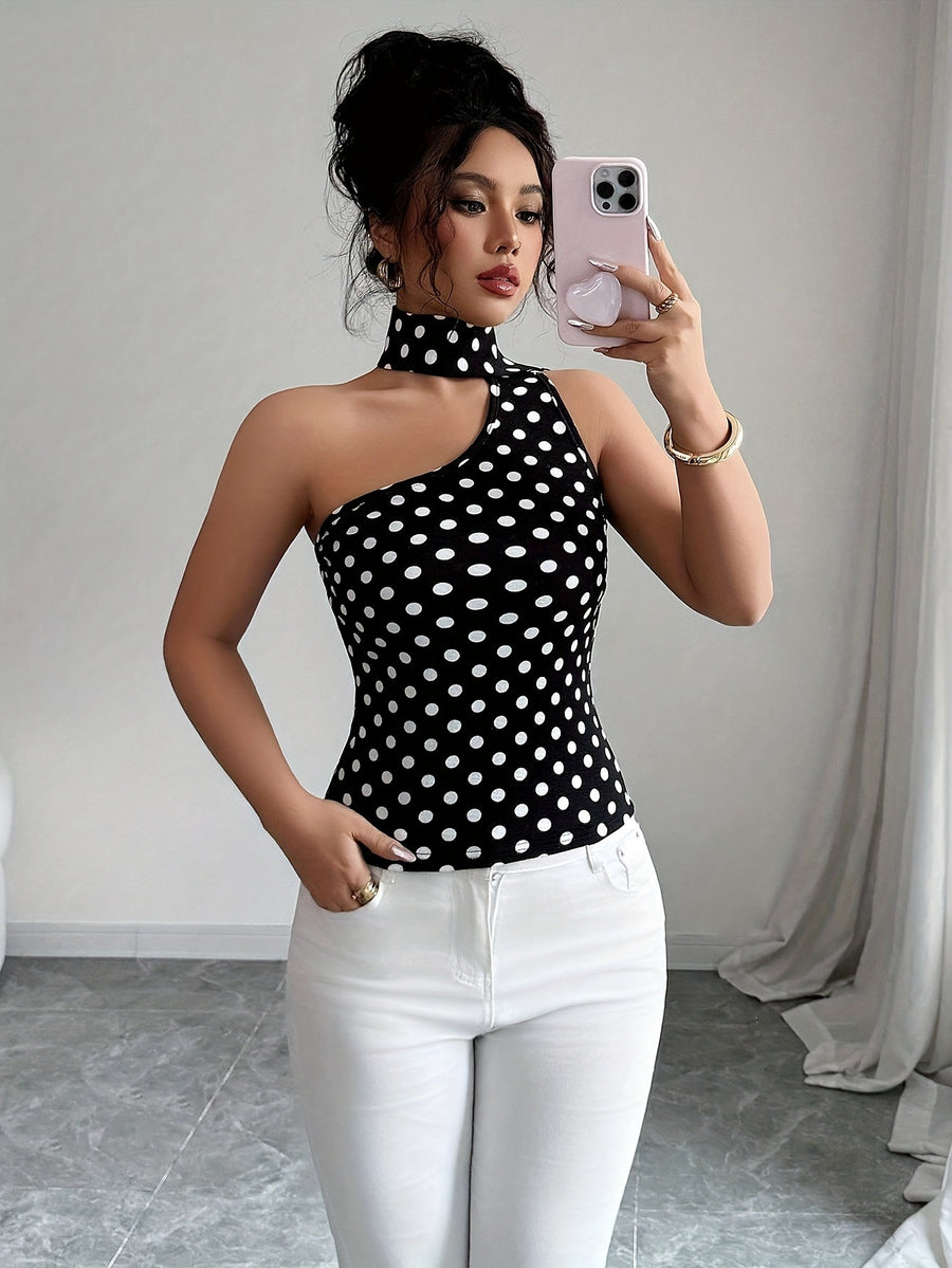 ZJ1031014 Women's Polka Dot Top with Printed Cut-Out Design, Elegant and Slim Fit - Black And White Dots