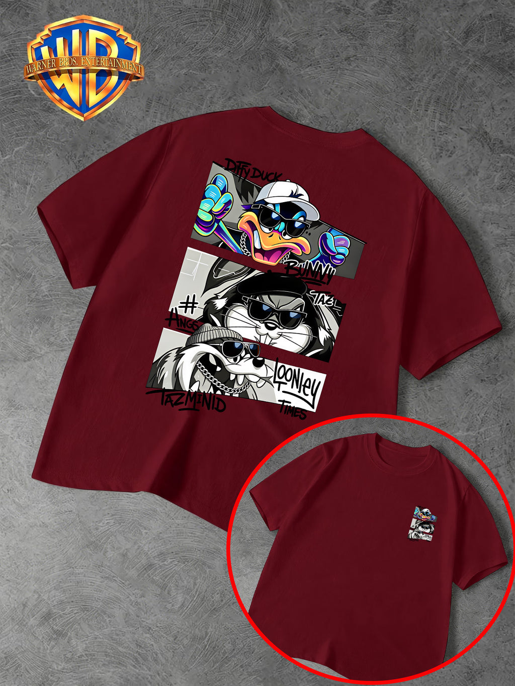 Warner Bros. Official Men's Casual T-Shirt with Double-Sided Print, Featuring a Spliced  Character Streetwear Graphic. Breathable and Comfortable, Versatile for Casual Wear. Print Is Durable, Crack-Resistant, Machine Washable, and Fade-Resistant. - Burgundy