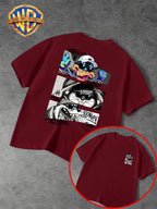 Warner Bros. Official Men's Casual T-Shirt with Double-Sided Print, Featuring a Spliced  Character Streetwear Graphic. Breathable and Comfortable, Versatile for Casual Wear. Print Is Durable, Crack-Resistant, Machine Washable, and Fade-Resistant. - Burgundy