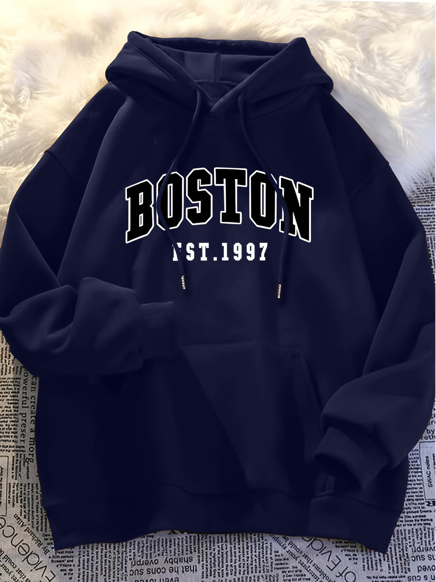 Minimalist Style Boston Letter Print Men'S Hooded Sweatshirt Regular Fit, Casual Long Sleeve Pullover - Navy Color