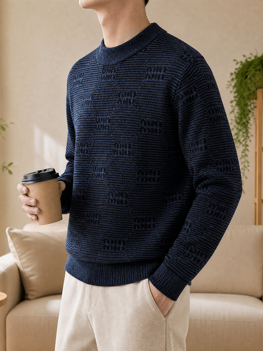 1pc Du Jing Lan OBM Men's Knit Sweater - Old Money Style Striped Crew Neck Sweater, Loose Fit Solid Color Base Suitable for Layering, Business Casual & Outdoor Wear, Long Sleeve Pullover for Golf, Basketball, Vacations, Spring/Autumn/Winter - Black
