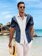 New Men'S Casual Short-Sleeve Shirt, Washed Faux Denim Jacket Detail, Holiday Party Commute All-Match, Polyester Fabric Machine Washable, Lightweight Summer, Suitable for Casual Wear Outdoor Activities And Daily Outfits - Multicolor