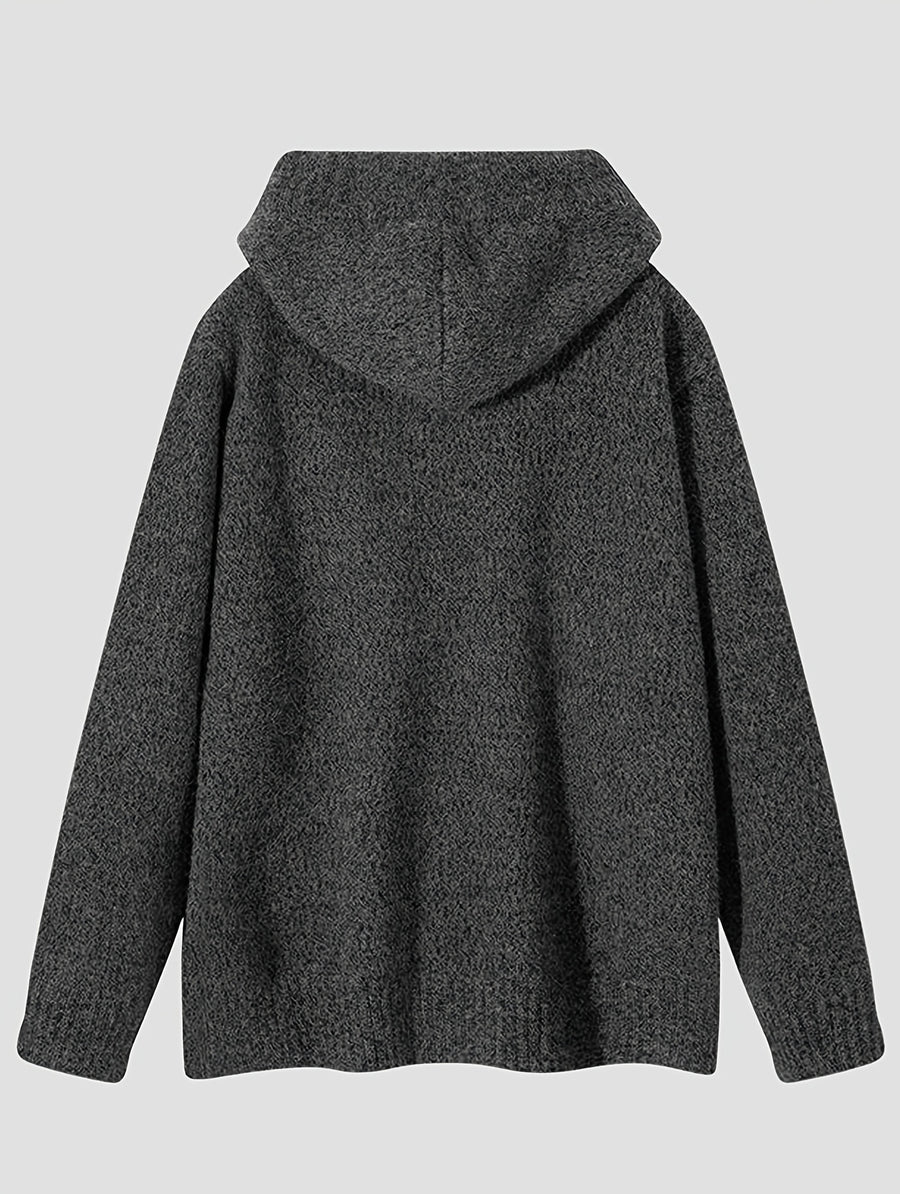 Hooded Knit Cardigan Men'S Autumn Winter Loose Casual Drawstring with Hat Sweater Jacket All-Match Single Button Top - Black