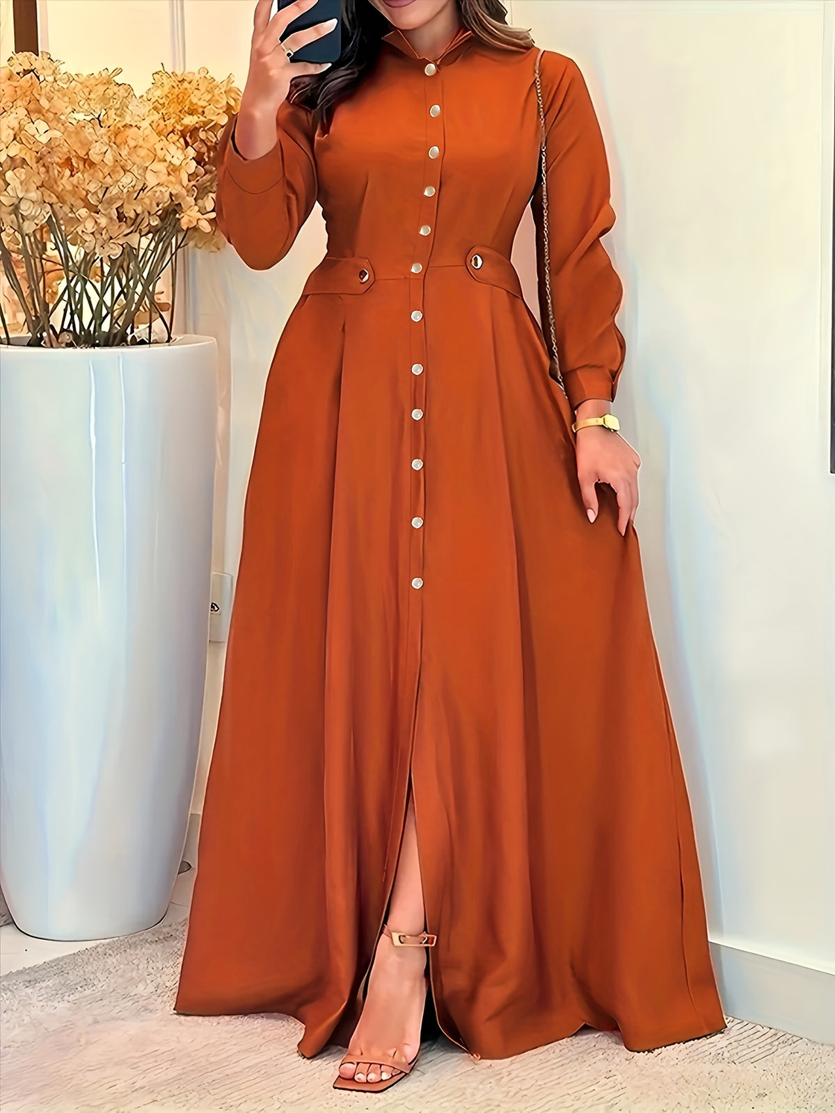 Solid Color Shirt Dress Adorned with Golden Buttons, Suitable for Both Work And Casual Wear - Orange