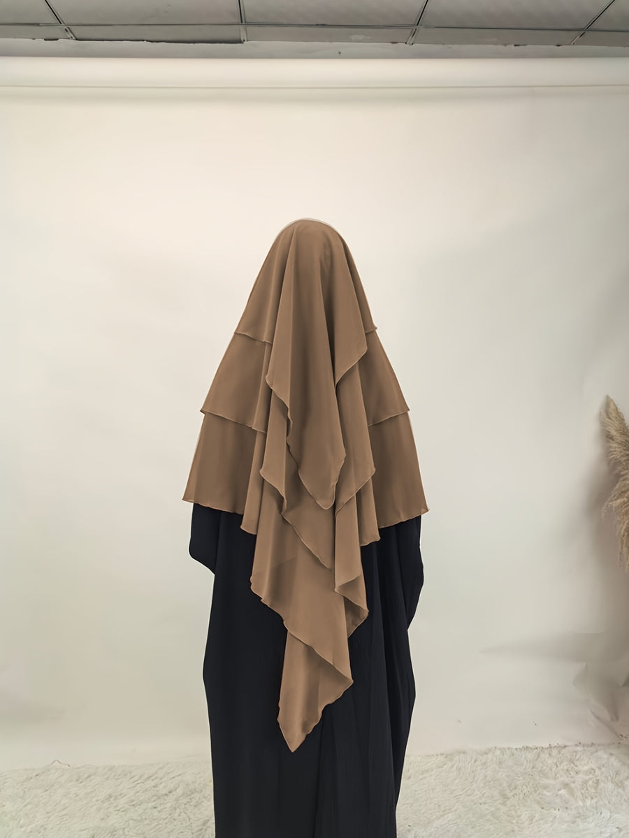 1pc Fashionable, Elegant and Casual Three-layer Chiffon Fabric Solid Color Suitable for Daily Wear, Loose and Comfortable Women's Abaya Headscarf, Women Wedding Robe Aid Femme Abayas for Women Muslim Jilbab Femme Khimar - Khaki