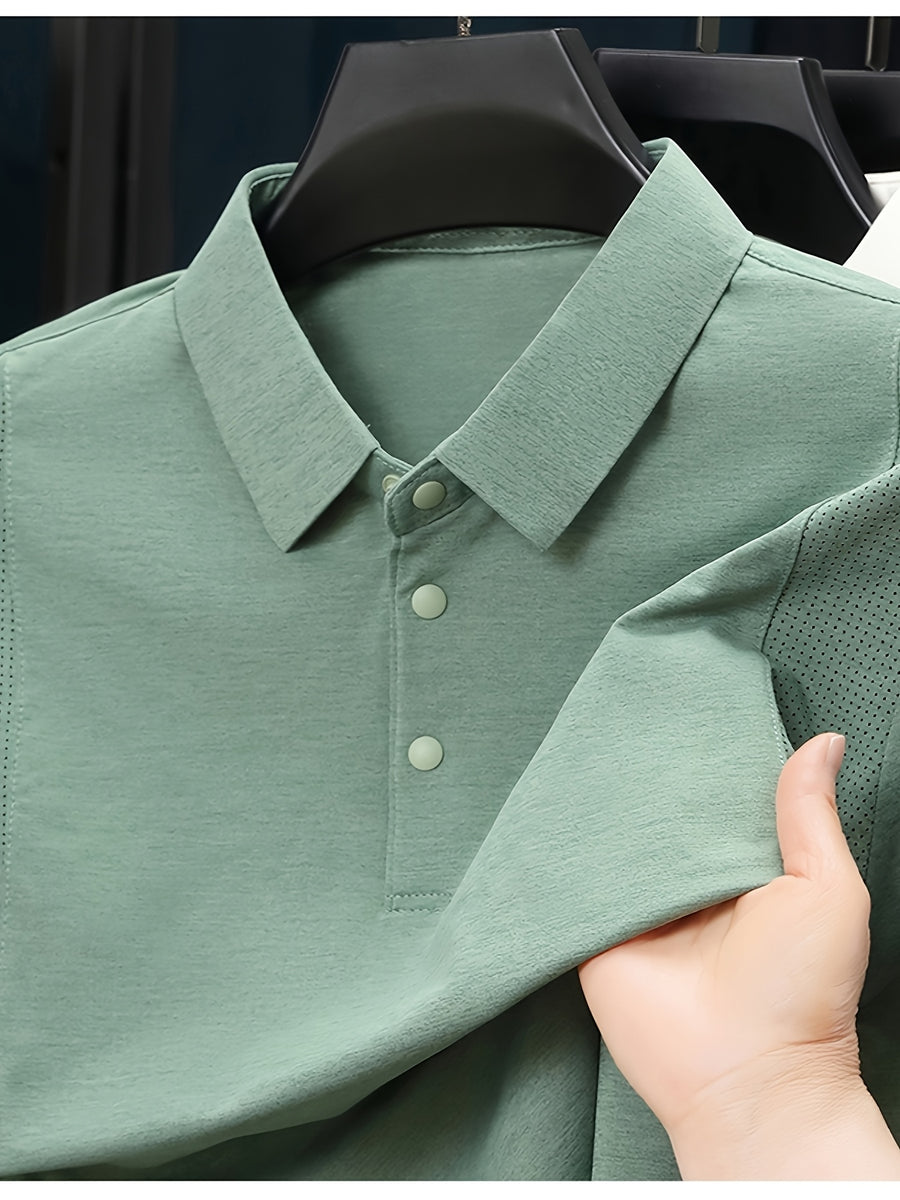 Men'S Lapel Long Sleeve Polo Shirt, Shoulder Mesh Texture Patchwork, Solid Color Minimalist Clean Cut Top, Office Commute, Outing Fishing, Home Casual Loose Men'S Long Sleeve T-Shirt - Green
