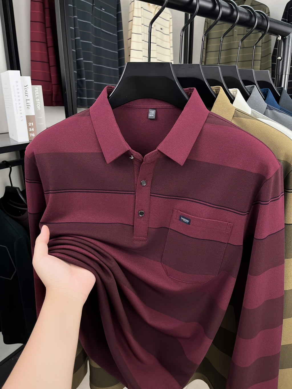 Autumn Men'S Long Sleeve T-Shirt 2026 New Style Wide Stripe Lapel with Real Pockets Casual Long Sleeve POLO Shirt - Red