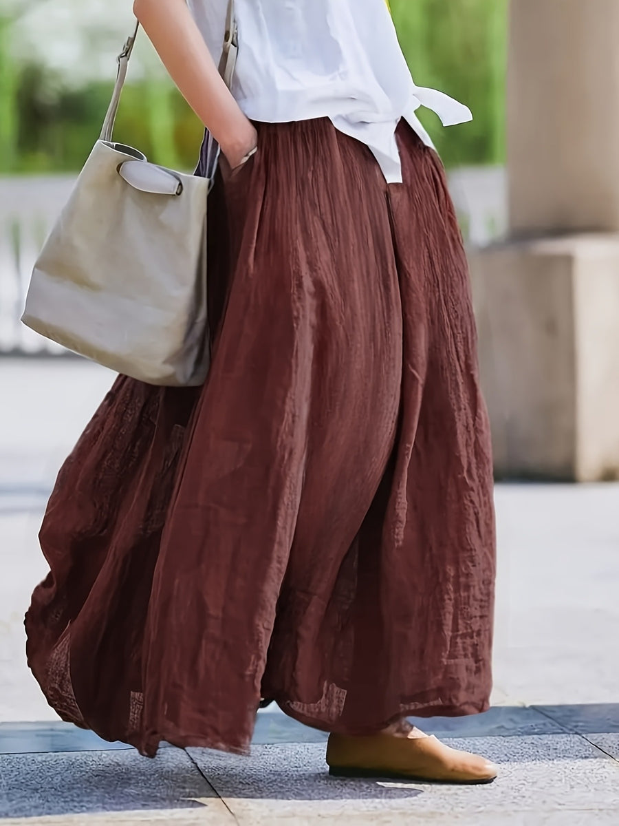 BK031606 Spring Summer Fall New Women'S Solid Retro Style Midi Skirt - Breathable, Loose Fit with Pockets, Spring Fall Elegant Casual Design - Maroon