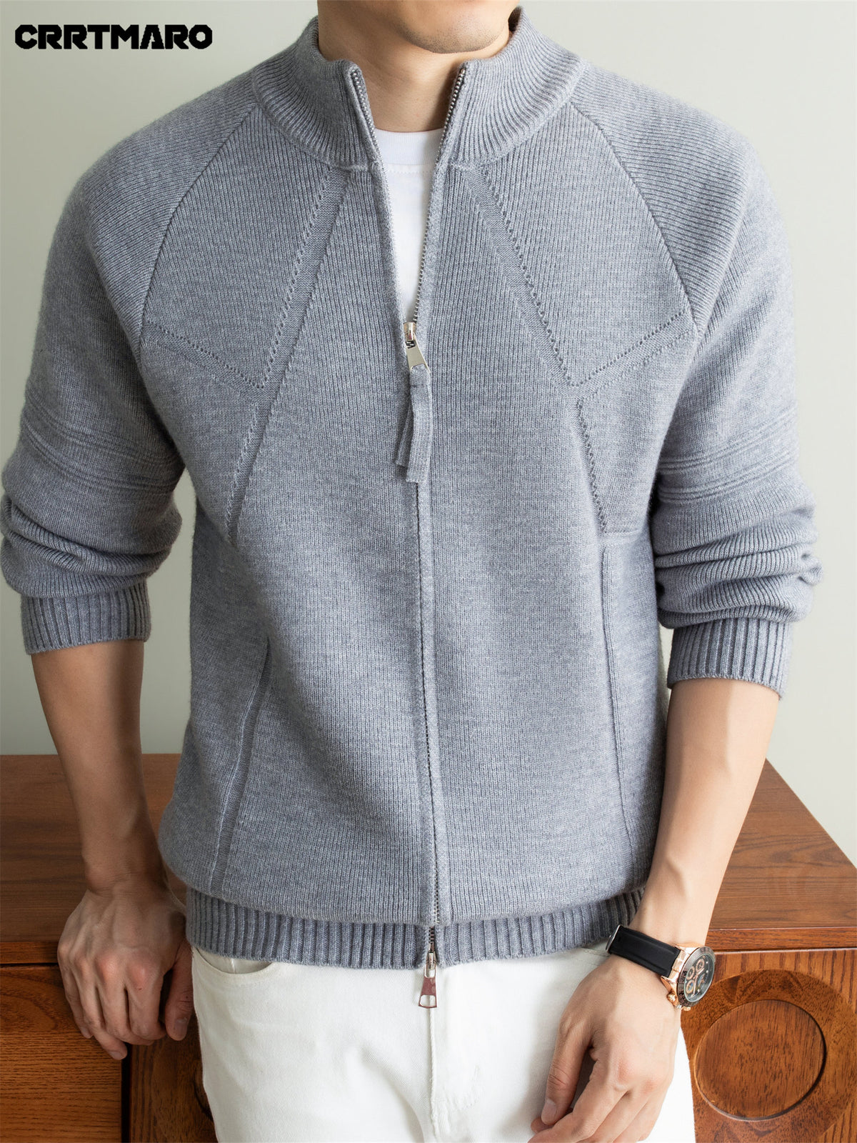 Men's Heavyweight Thick Zip Neck Stand Collar Knit Cardigan, Warm Casual Layering Top for Fall and Winter - Medium Gray