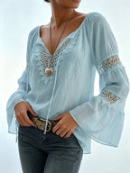 Women'S Spring Summer Retro Lace Patchwork V-Neck Lightweight Comfortable Cute Top, Elegant Comfortable Loose Casual Commute Dress Shirt - Light Blue
