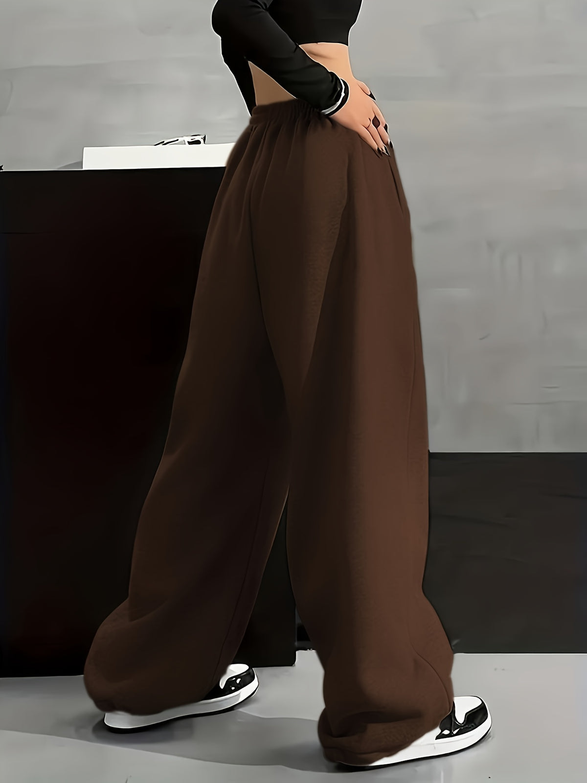 Autumn And Winter Fashion Casual Women'S Fleece-Lined Trousers, Solid Color Drawstring Waist Trousers, Casual Loose-Fitting Sweatpants, Women'S Fashion - Coffee Brown