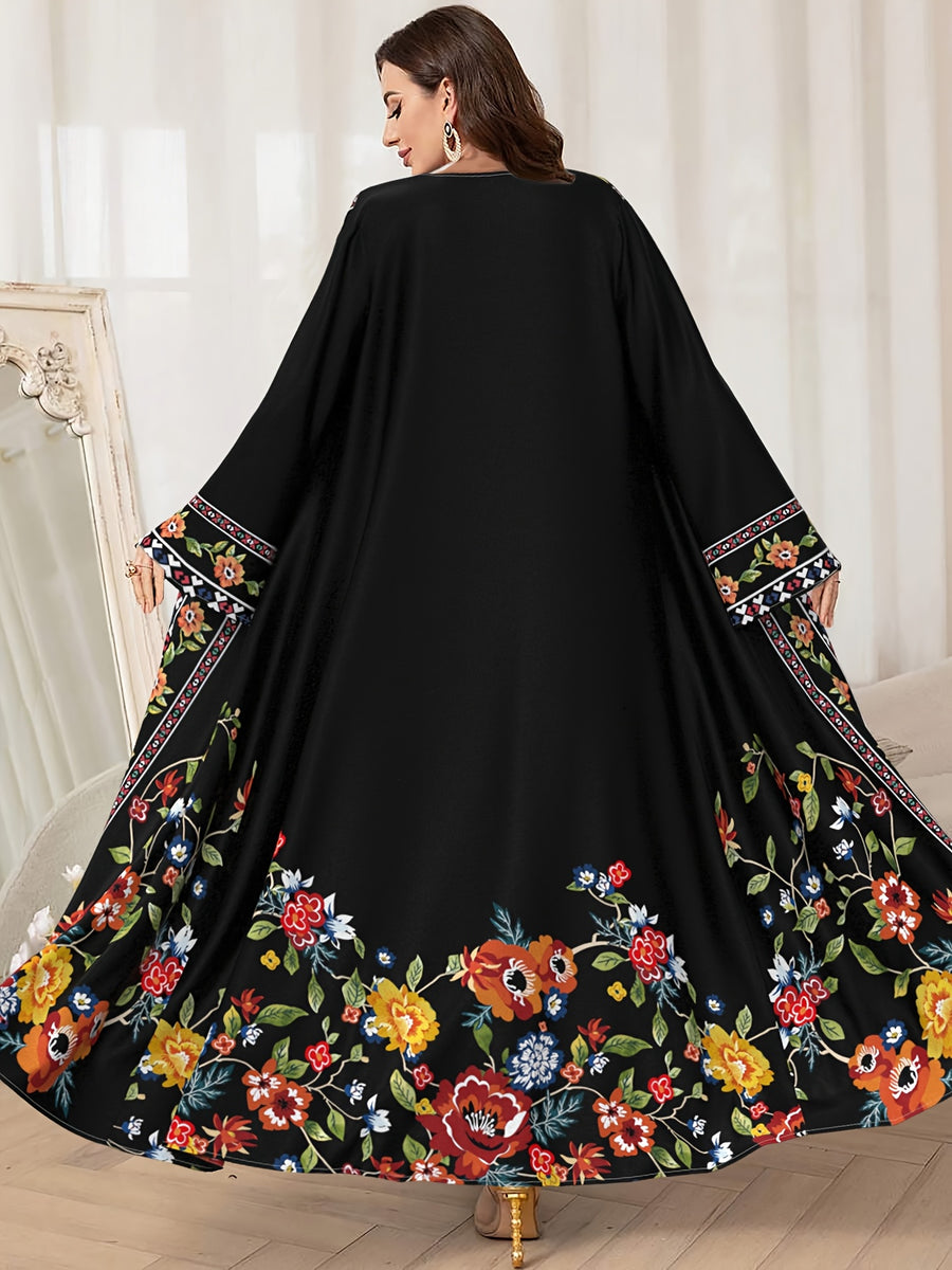 Dubai Muslim Abaya Robe for Women, Fashion Floral Print Loose Long Cardigan, Elegant Outerwear Dress - Multicolor