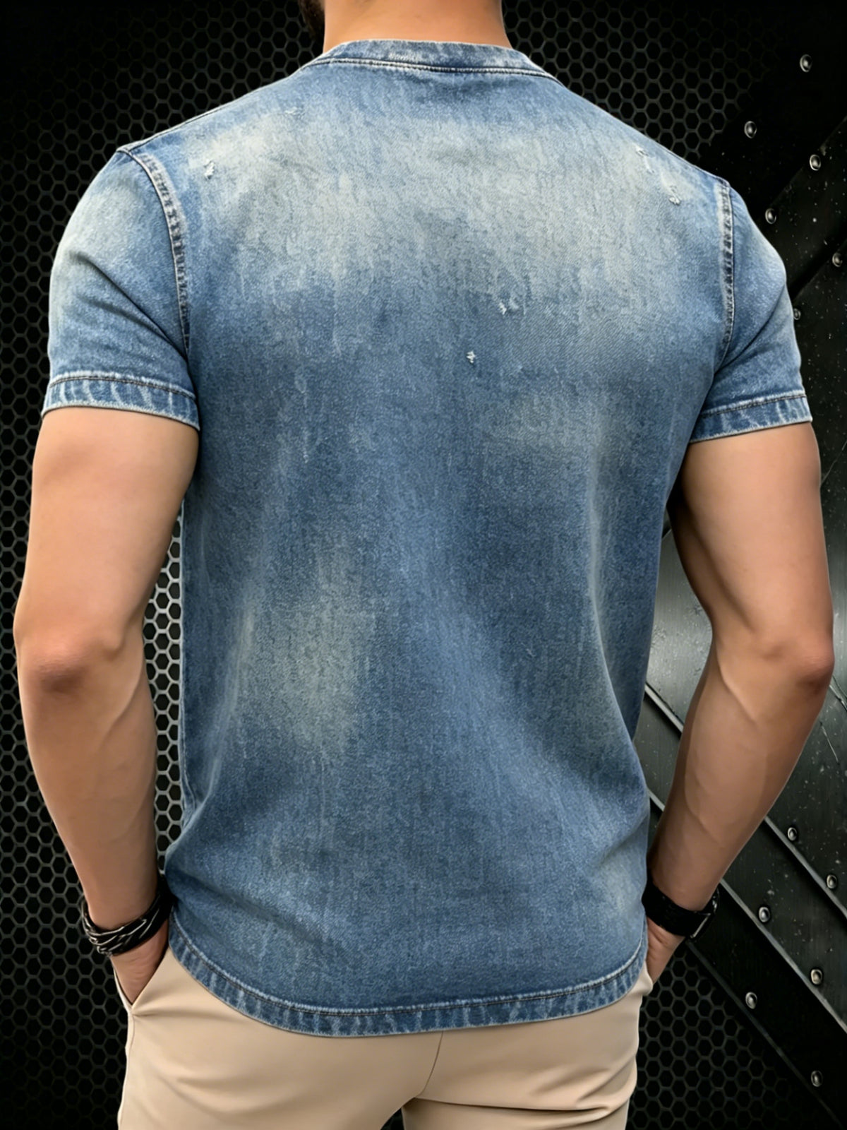 Print Design Not Textured/Embroidered/Sequins Not JEAN This Is The Print Summer Men'S Faux Denim Blue Red Label Print Short Sleeve T-Shirt Comfortable Suitable for Daily Casual Street Wear - Mixed colors