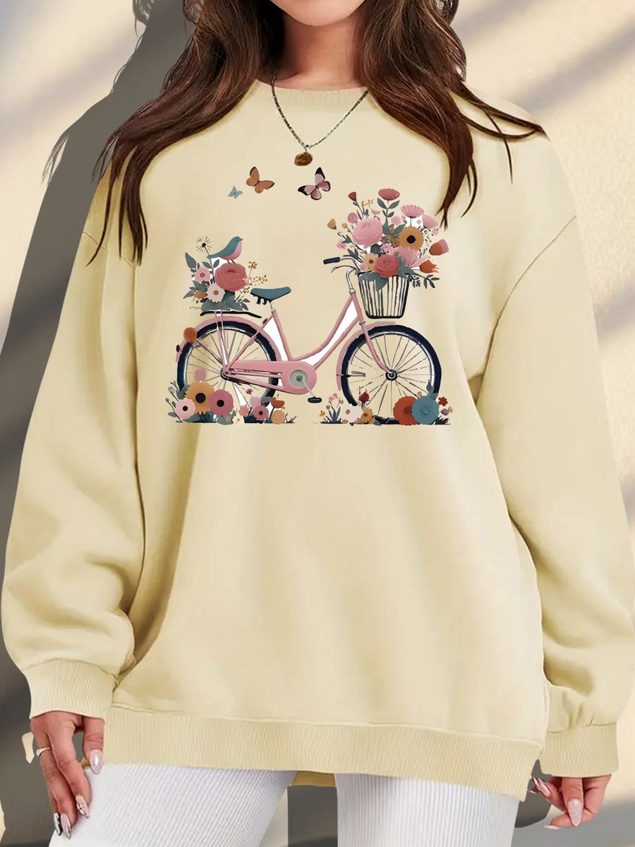 Plus Size, Extended Apparel: Women's Spring/Autumn/Winter Cross-Border European & American Plus-Size Simple Graphic Print Sweatshirt, Casual Crew Neck Sweatshirt, Women's Plus-Size Sweatshirt - Apricot