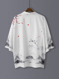 Landscape Print Open Front Kimono, Casual 3/4 Sleeve Loose Coverup Kimono, Women's Clothing - White