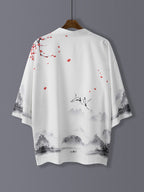 Landscape Print Open Front Kimono, Casual 3/4 Sleeve Loose Coverup Kimono, Women's Clothing - White