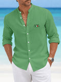 Men'S Casual Faux Linen Stand-Collar Long Sleeve Shirt, Breathable And Sweat-Absorbing Comfortable Fabric Blouse, Suitable for Outings, Parties, Beach Vacations, And Daily Wear, Machine Washable Regular Fit, Sweat-Resistant - Green