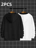 2pcs Novelty Diagonal Zipper Hoodie, Men's Casual Stretch Hooded Sweatshirt Jacket, Men's Sportswear - Black And White