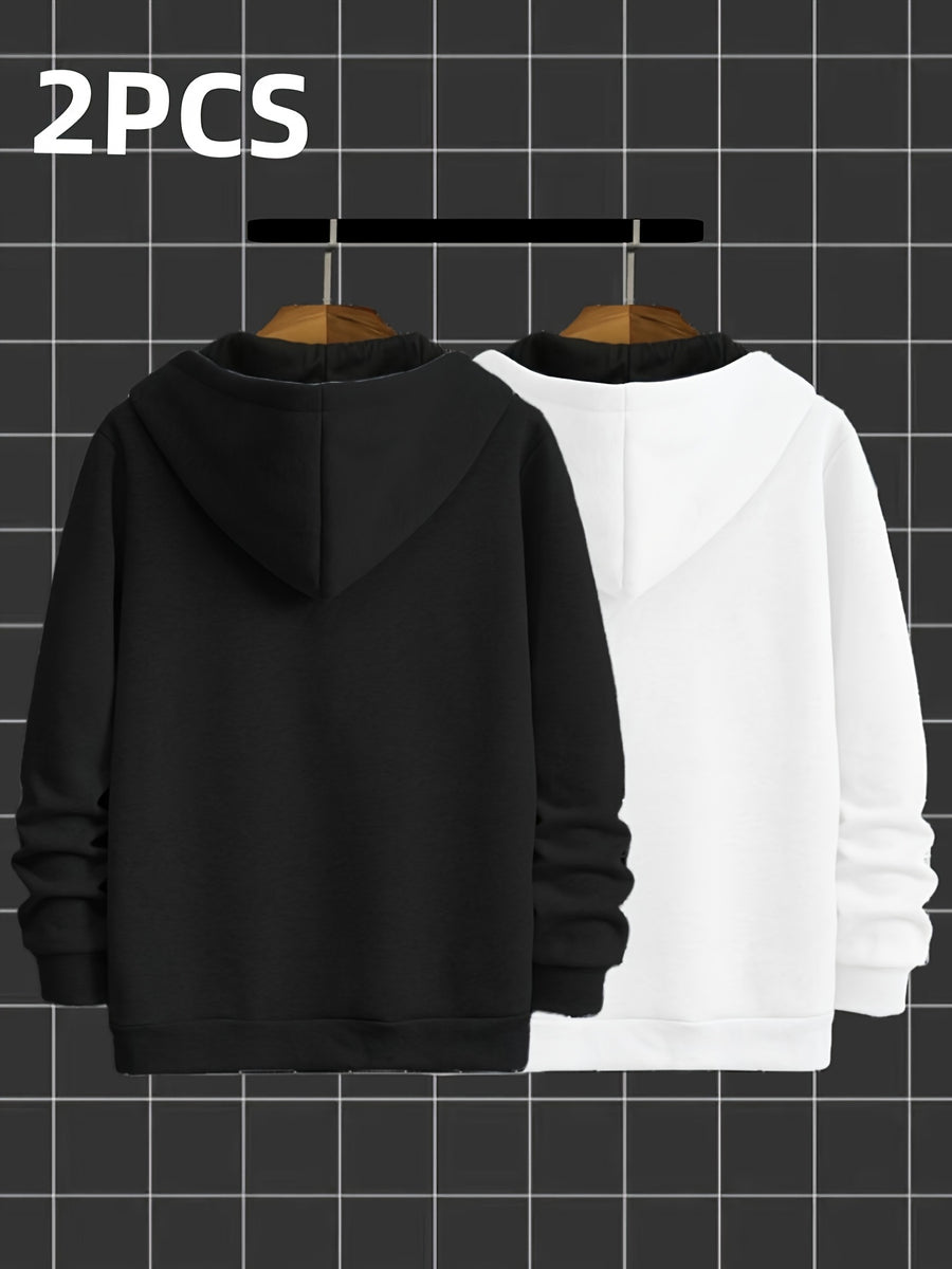 2pcs Novelty Diagonal Zipper Hoodie, Men's Casual Stretch Hooded Sweatshirt Jacket, Men's Sportswear - Black And White