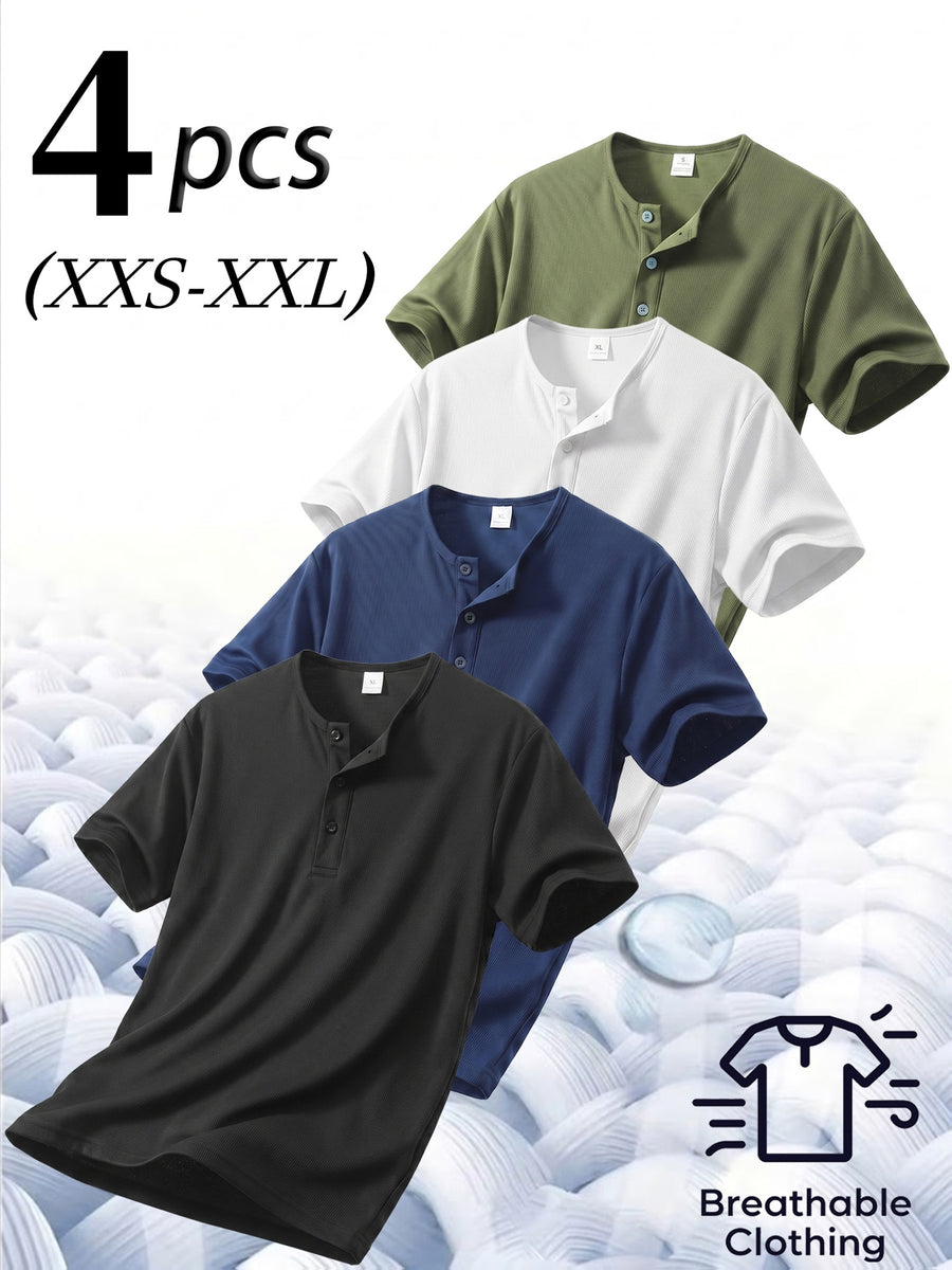 4pcs Men'S Henry Shirt Short Sleeves, Waffle Casual T-Shirts, Breathable Lightweight Summer Tops, Moisture-Wicking Summer Shirts, Gym Training Short-Sleeve Shirts - Black + Navy Blue + White + Matcha Green