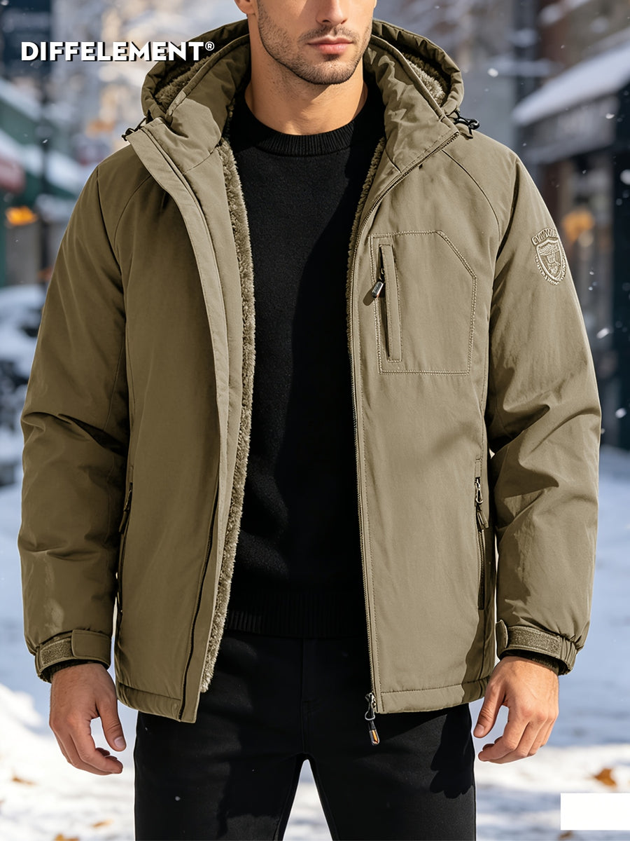 Men'S Fleece-Lined Hooded Winter Jacket, Thermal Warm Windproof Cold-Resistant Coat, Regular Fit Adjustable Hood Outerwear for Snow Skiing, Hiking, Daily Winter Commute with Multi-Zipper Pockets, Adjustable Cuffs & Embroidered Badge Logo - Khaki
