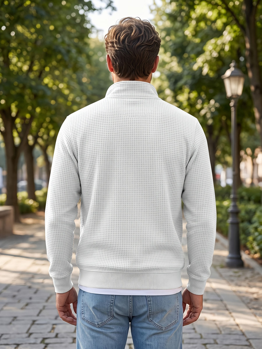 Men's Casual Half-Zip Sweatshirt, Waffle Knit Fabric, Comfortable and Breathable, Versatile for Spring and Autumn, Suitable for Outings and Vacations, an Essential for Daily Wear - White