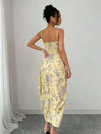 Bohemian-style Printed High-slit Zipper Dress, Elegant and Charming, Suitable for Weddings, Spring/summer Vacations, and Other Occasions - 【Light Yellow】