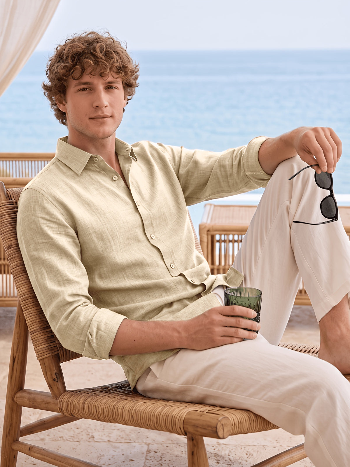 Men'S Anti-Moth Long-Sleeved Square-Neck Shirt, Lightweight And Breathable Solid Color Business-Casual Shirt, Loose-Fitting All-Match Basic Shirt for Spring And Summer Commuting And Vacation. Available in Multiple Colors - Khaki