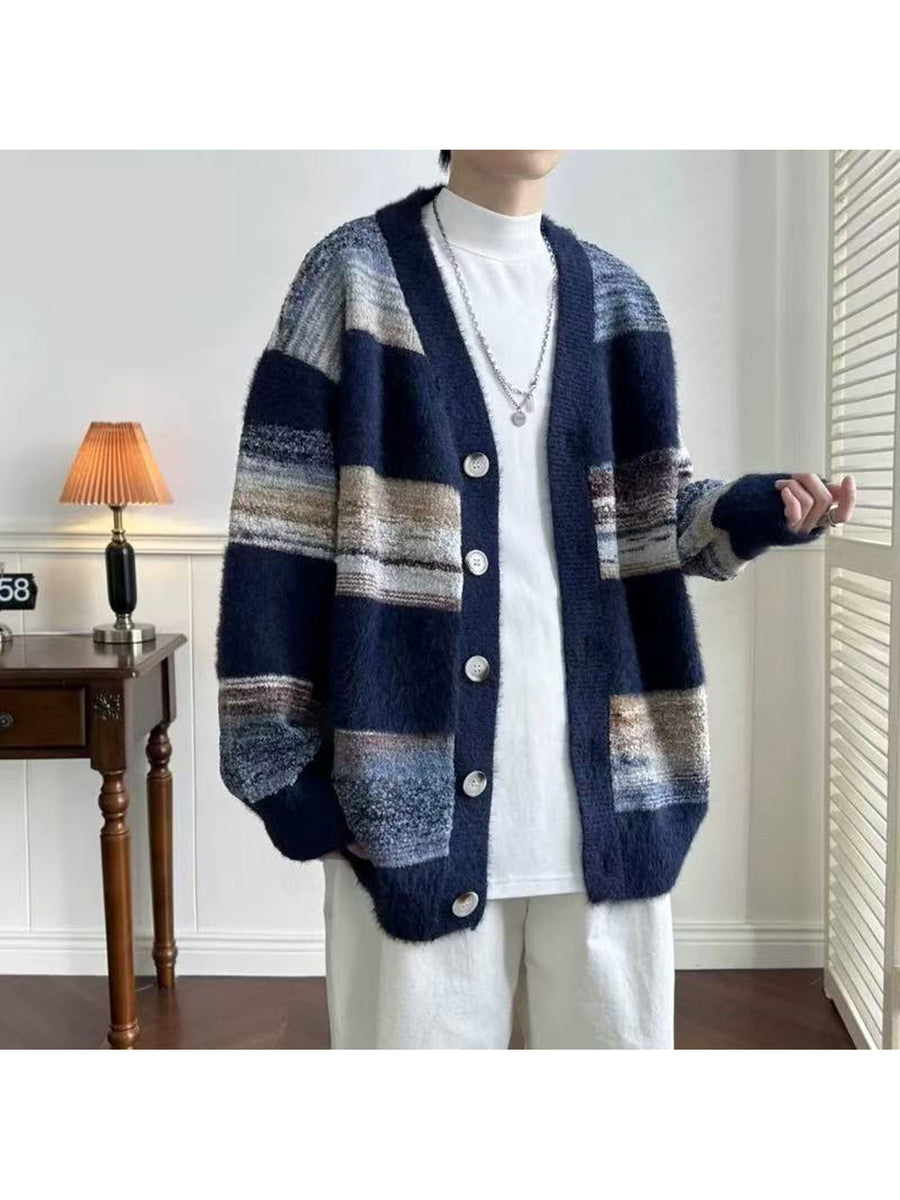 Men's Autumn/Winter Style - Buttoned Cardigan Jacket, Contrast Color Fashion Long Sleeve Design, Suitable for Casual Dates and Outdoor Activities - Comfortable Ted Fabric, Urban Style, Versatile Piece - Navy Color
