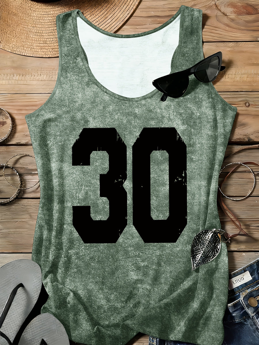 Arabic Numeral & '30' Letter Print Vest - All-Over Base Layer Suitable for Travel,, Outdoor | Machine Washable Sleeveless Top with Number | Casual Round Neck Wear for Streetwear and Year-Round Use - Ocean Green