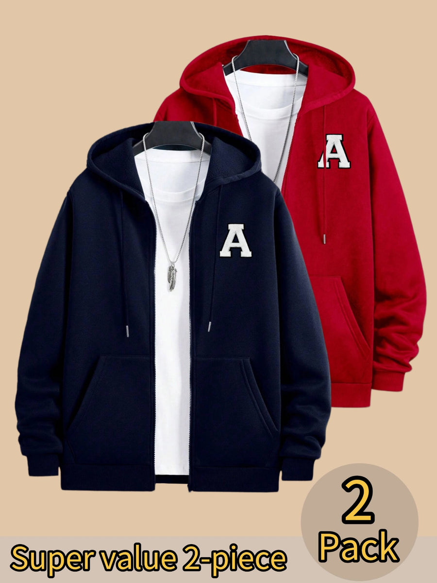 50% Cotton, 50% Polyester, 2-Pack Men's Zippered Hooded Fleece-Lined Sweatshirt, Men's Clothing, Long-Sleeve Fleece Jacket, Zippered Top, Hooded Sweatshirt, Pockets, Drawstring, Suitable for Outings, Casual Wear, Back-to-School Season - Navy Blue+Red