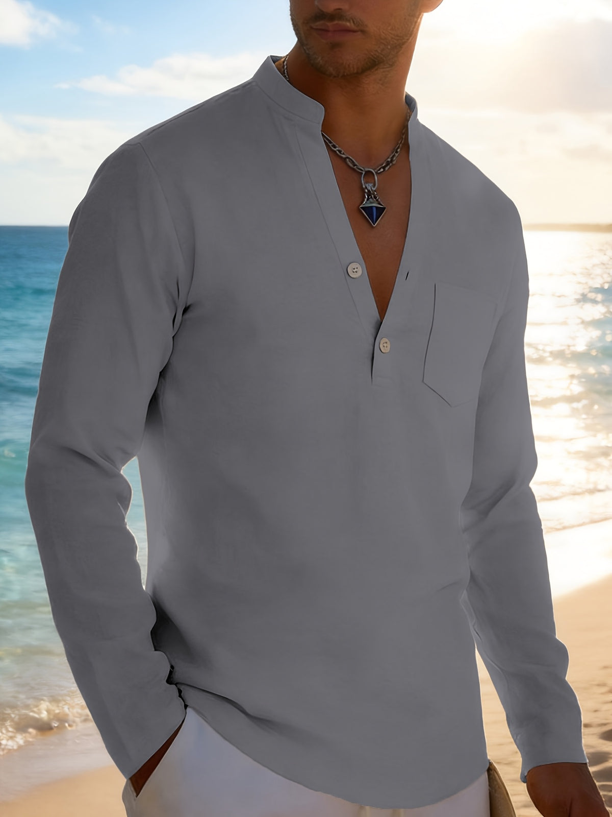 Men's Solid Color Henley Long Sleeve Shirt, Lightweight Breathable Casual Button Up Tops for Summer - Dark Gray