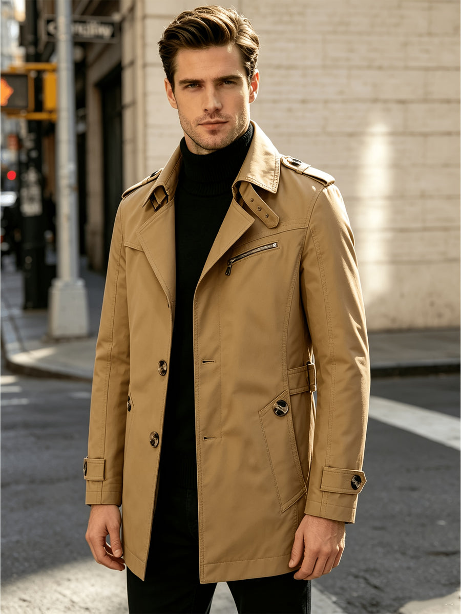 Men'S Lapel Mid-Length Casual Trench Coat, Single-Breasted Utility Style Jacket, with Epaulettes, Metal Buttons, Zipper-Decorated Pocket, Spring/Autumn Casual Outerwear, Suitable for Office And Daily Commute, Men'S Business Coat - Yellowish-brown