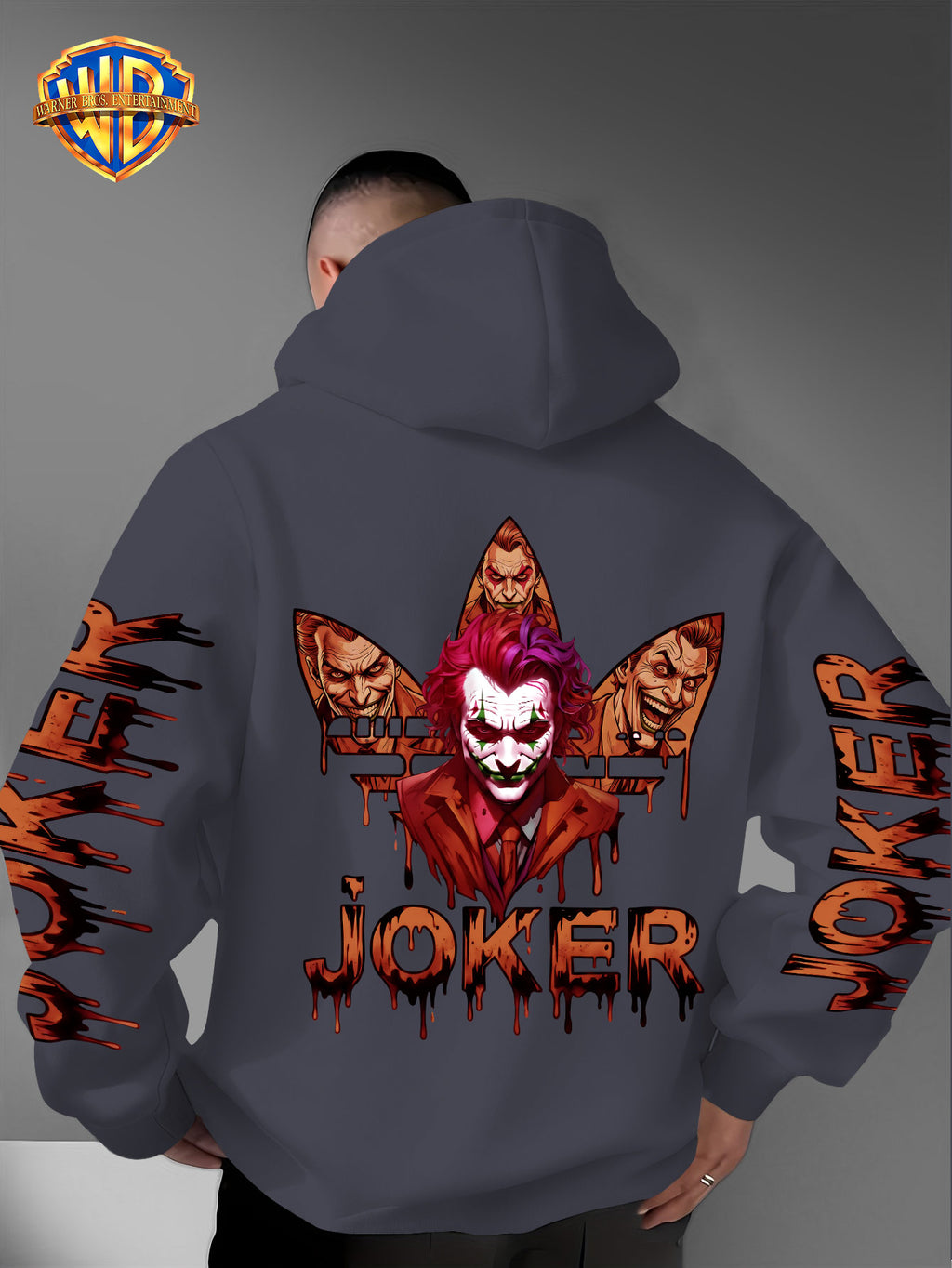 Warner Bros. Official DC Joker Multi-Character Avatar Brown-Toned Fluid Drip Graffiti Men's Fashion Hooded Sweatshirt, Sleeve Print Design, Kangaroo Pocket, Drawstring Hood, Suitable for Daily Wear and Outdoor Sports, an Excellent Choice for Warmth - Dark Gray