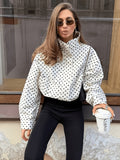 Women's Casual Polka Dot Long-Sleeve Loose Coat, Fashion Stand Collar Zip-Up Cardigan Autumn Top - White Dots