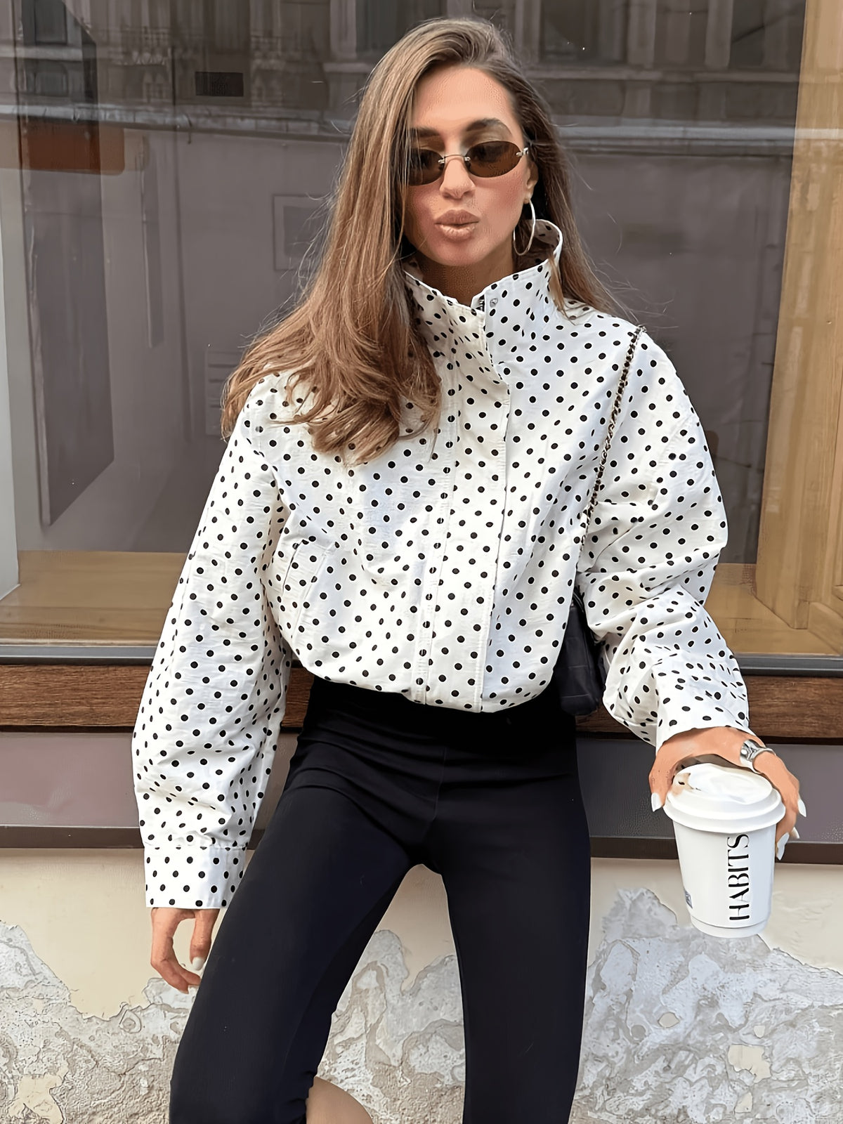 Women's Casual Polka Dot Long-Sleeve Loose Coat, Fashion Stand Collar Zip-Up Cardigan Autumn Top - White Dots