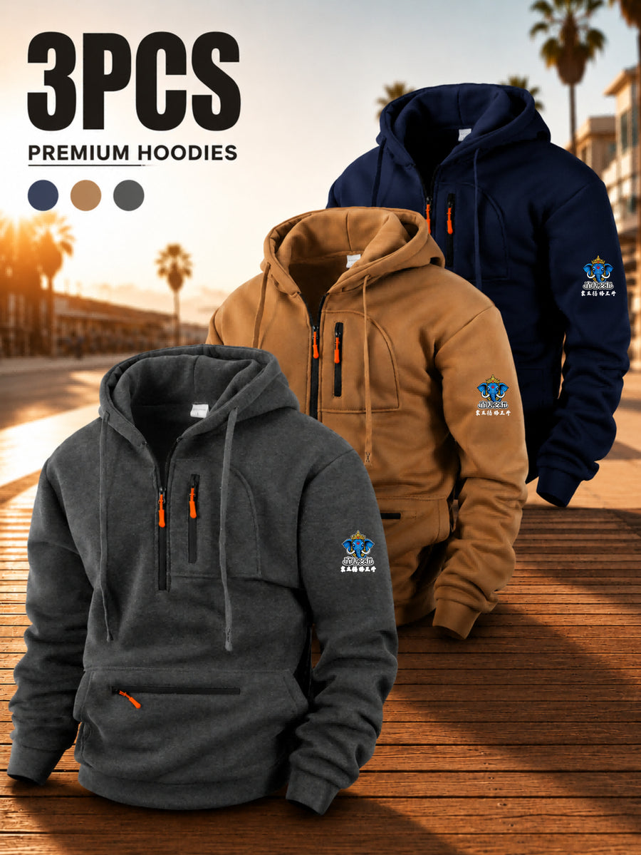 Men's Hoodie Multi Zipper Pocket Design Crown Logo Print Casual Streetwear Fall Winter 3pcs - Dark Gray + Khaki + Navy Blue