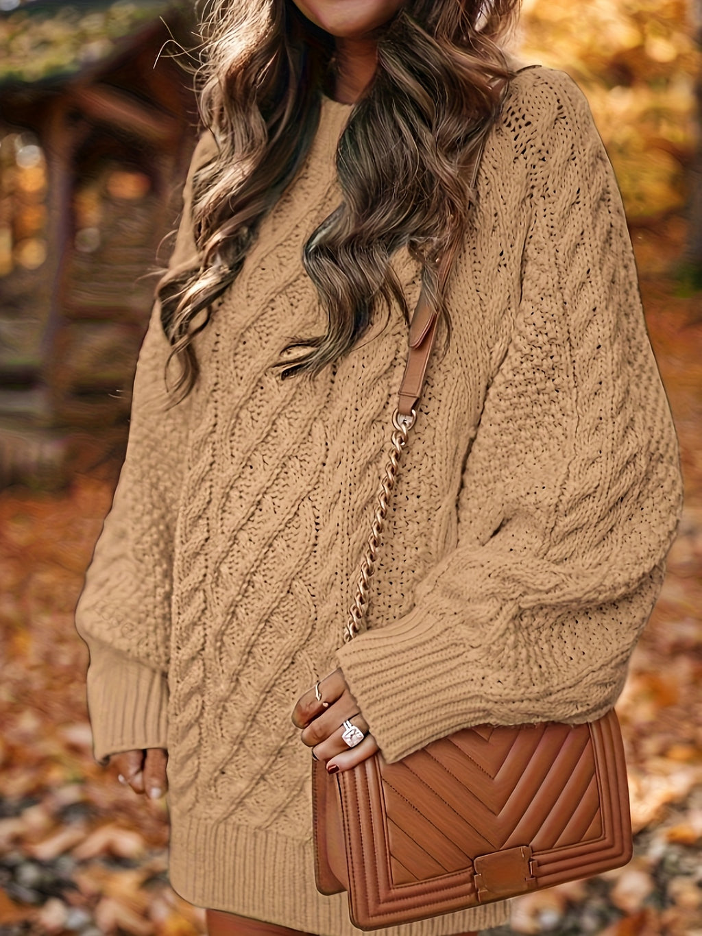 Women's Sweater Dress, Women's Long Sleeve Crew Neck Textured Knitted Dresss - Yellowish-brown