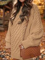 Women's Sweater Dress, Women's Long Sleeve Crew Neck Textured Knitted Dresss - Yellowish-brown