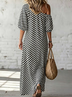Women'S Elegant Asymmetrical Shoulder Stripe Long Dress, Summer Bohemian Vacation Loose Short Sleeve Maxi Skirt - Mixed colors